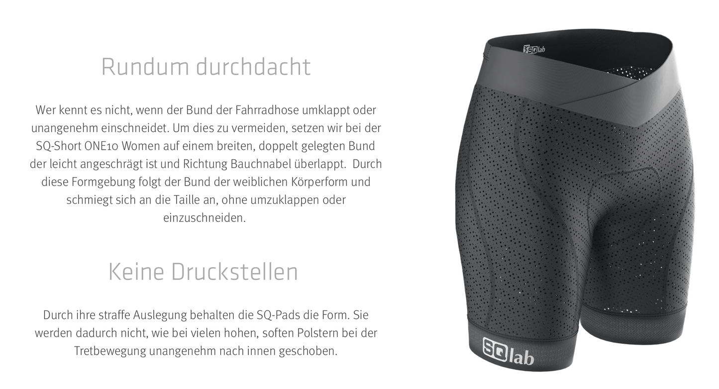 SQlab SQ-Short "ONE10 WOMAN" Unterziehhose für MTB- Tour + Travel + Trekking mit Sitzpolster in Größen XS bis XXL in Schwarz