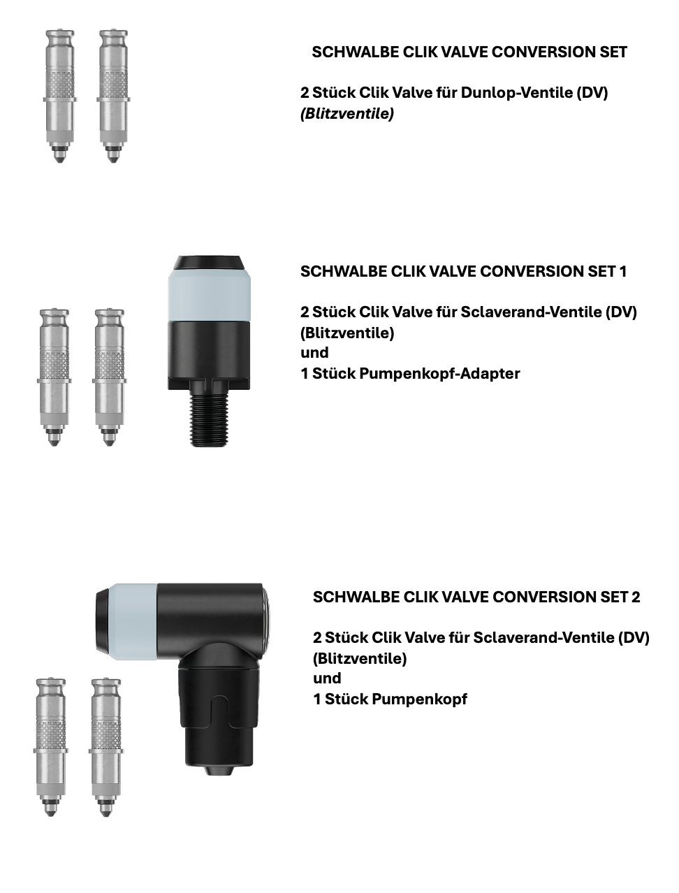SCHWALBE "Clik Valve" Conversion-Set für DV Ventile - Als Ventilsatz- mit Pumpenkopf-Adapter oder mit Pumpenkopf
