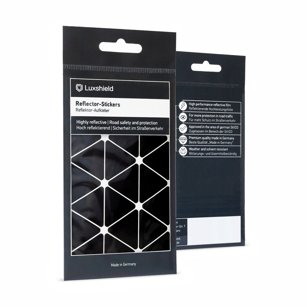 Luxshield Reflektor-Sticker "Dreieck-Design" in Schwarz oder Weiß aus reflektierender Hochleistungsfolie > Made in Germany
