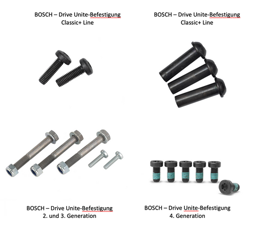 BOSCH E-Bike Motor-Befestigungschrauben (Drive Unite) für je "Classic+" + 2. + 3. + 4. Motor-Generation - Original