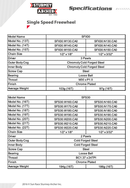 STURMEY-ARCHER Singe Speed-Schraubkranz mit Freilauf für 3/32" Kette Version: BC 1.37 x 24TPI (großes Gewinde-Standard) mit 16 bis 19 Zähne - Original
