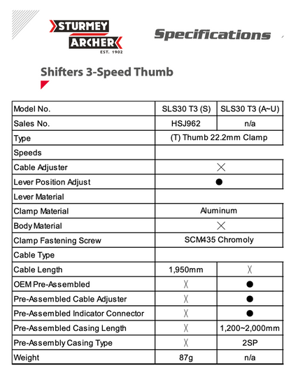 STURMEY-ARCHER Schalthebel 3-fach indexiert (Raster), Rechts, Lenkerbefestigung 22,2mm - Original > SL-S30