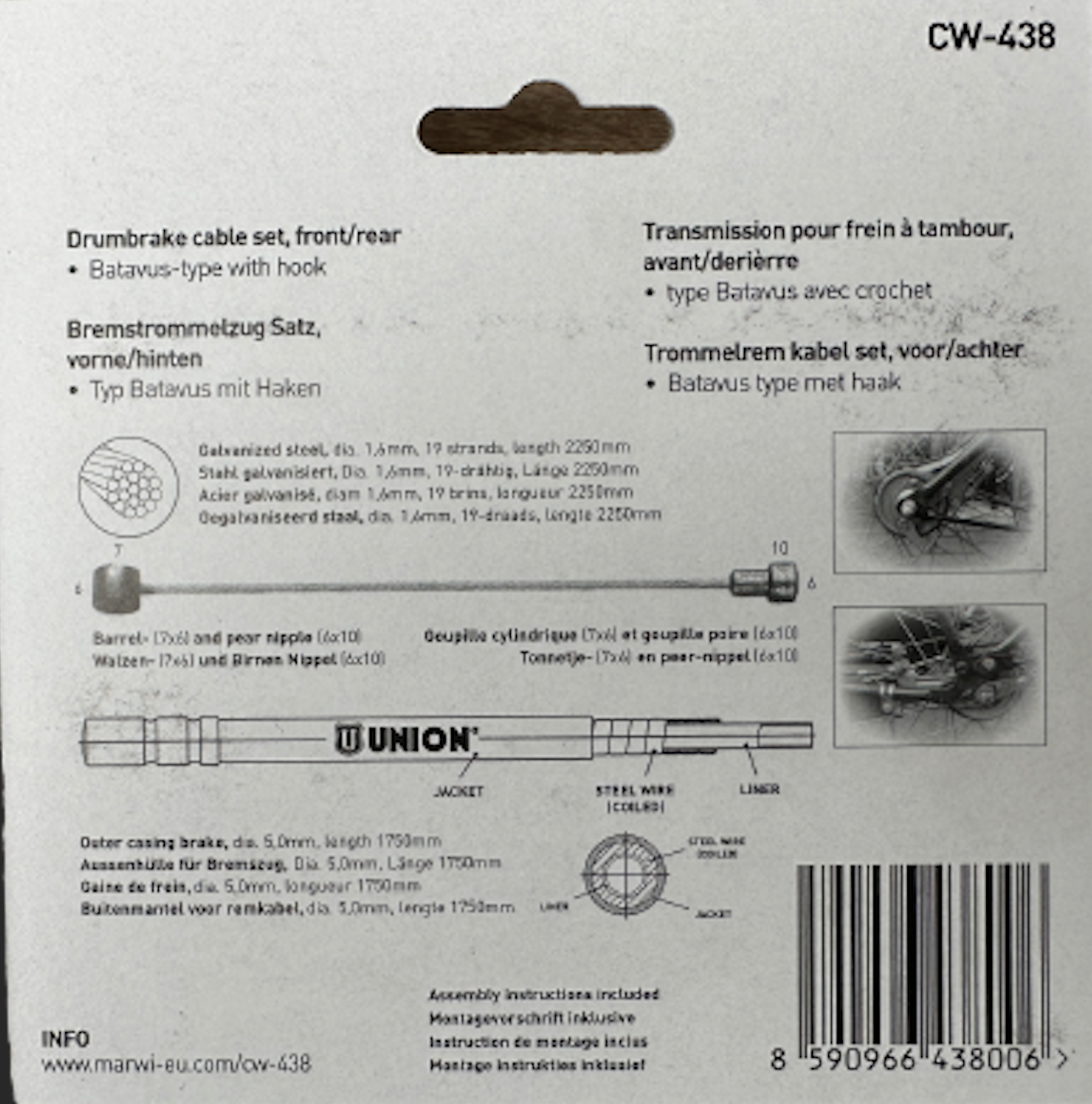 MARWI Bremszug kpl. für SRAM Trommelbremsen, 2250mm mit Befestigungshaken