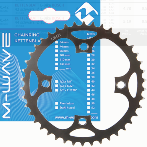 M-WAVE E-Bike Kettenblatt passend für BOSCH, BROSE, SHIMANO und andere mit 4-Loch + 104 Lochkreis mit 36 bis 46 Zähne - Original